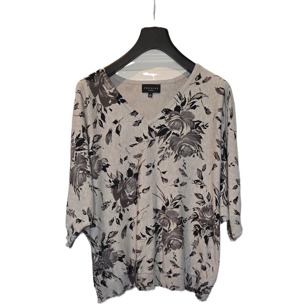 Premise Woman Grey Black Floral V-Neck Dolman Sleeve Knit‎ Sweater 1X Rose Print
